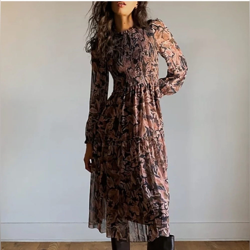 Wilfred Aritzia Rosalyn Women's Floral Tiered Long Sleeve Dress in Dusty Rose